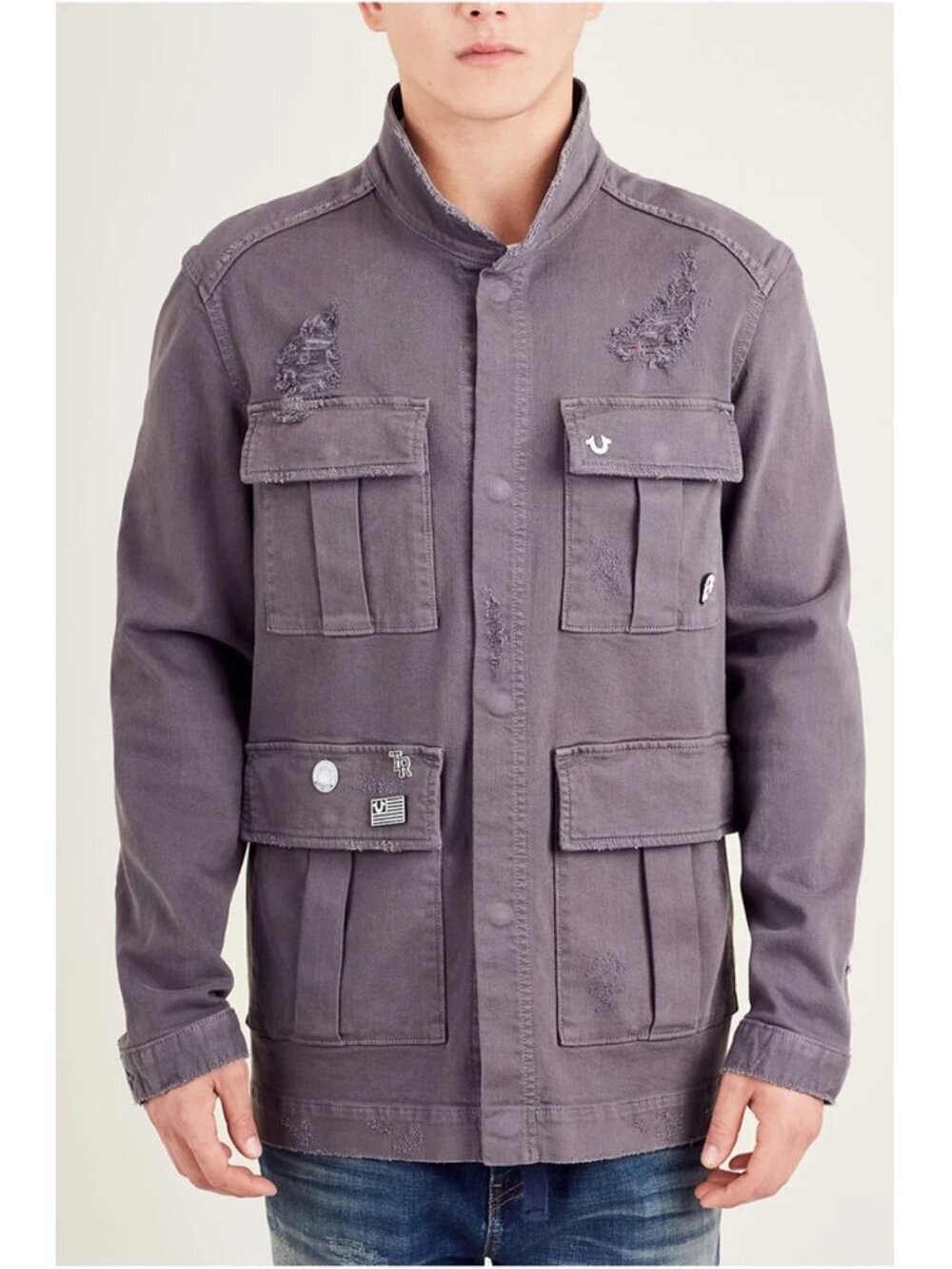 True Religion Brand Jeans Distressed Military Cotton Jacket In Charcoal Size 3XL